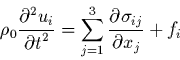 \begin{displaymath}
\rho_{0}\frac{\partial^{2}u_{i}}{{\partial t}^{2}} =
\sum_{j=1}^{3} \frac{\partial
\sigma_{ij}}{\partial x_{j}} + f_{i}
\end{displaymath}