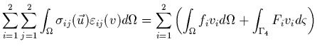 $\displaystyle \sum_{i=1}^{2}\sum_{j=1}^{2}\int_{\Omega}\sigma_{ij}(\vec{u})\var...
...{\Omega} f_{i} v_{i} d\Omega
+ \int_{\Gamma_{4}} F_{i} v_{i} d\varsigma
\right)$